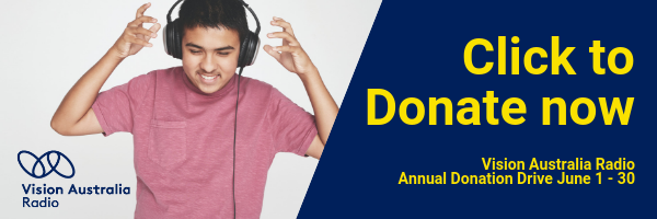 Image shows man listening to radio on headphones with arms up, next to message saying click to donate now