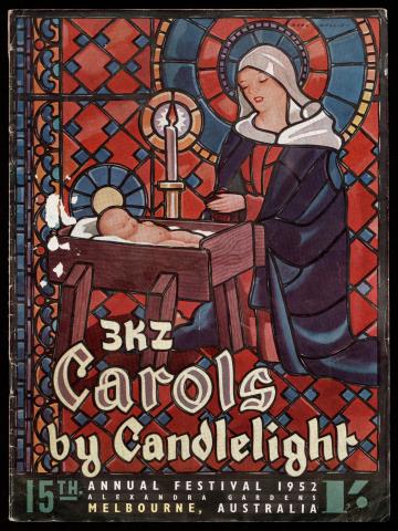 Historic Carols by Candlelight poster from 1952 with stained glass image of Mary, baby Jesus and a stylised candle, text reads 3KZ Carols by Candlelight, 15th annual festival 1952, Melbourne, Australia