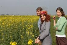 Ellen and two fellow volunteers in a field of yellow flowers