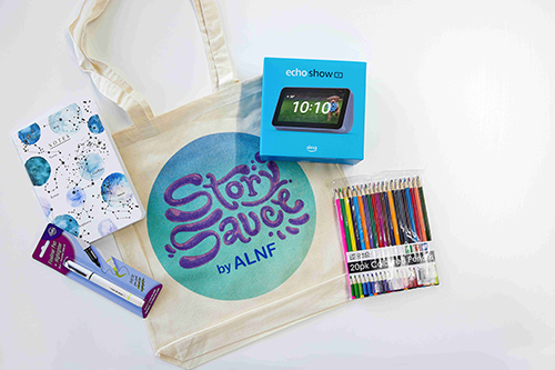 Prize pack items inclusive of a Story Sauce tote back by ALNF, a marker pen, writing pad, coloured pencils, and and Echo Show 5 Amazon device.