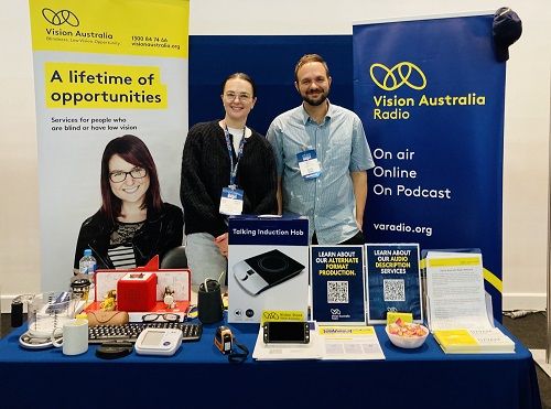 Sarah Selvadurai from the Vision Store and Jason Gipps from Vision Australia Radio smiling together at our booth at the ATSA Independent Living Expo.