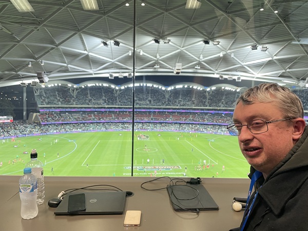 Matt Lee enjoying the view from the media box at Adelaide Oval