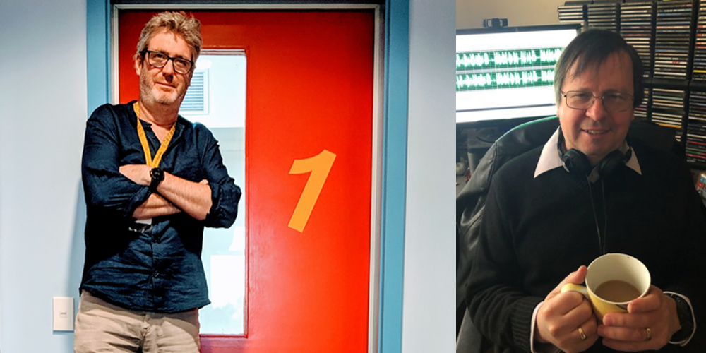 2 images, on left Matthew stands in front of a red studio door with a 1 on it. On right, Sam sits with a cup of tea in a studio with a computer screen and CDs in the background