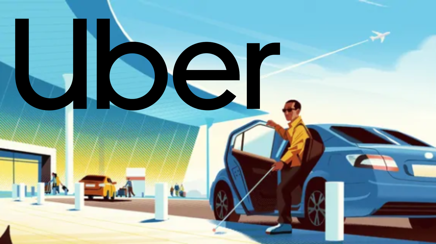 Graphic of a person stepping out of a car using a white cane, in the background is a building, another car and people, and a plane in the sky. Text overlay reads Uber.