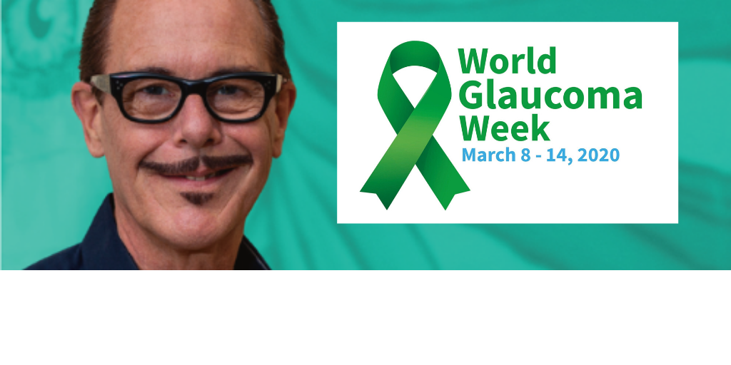 Text reads 'World Glaucoma Week, March 8-14, 2020' image of Kirk Pengilly, member of INXS and Special Ambassador, Glaucoma Australia – who wears glasses and has a very rakish moustache - smiles at the camera.
