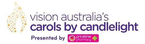 Text Reads: Vision Australia's Carols by Candlelight present by Priceline Pharmacy with Carols by Candlelight logo and Priceline logo