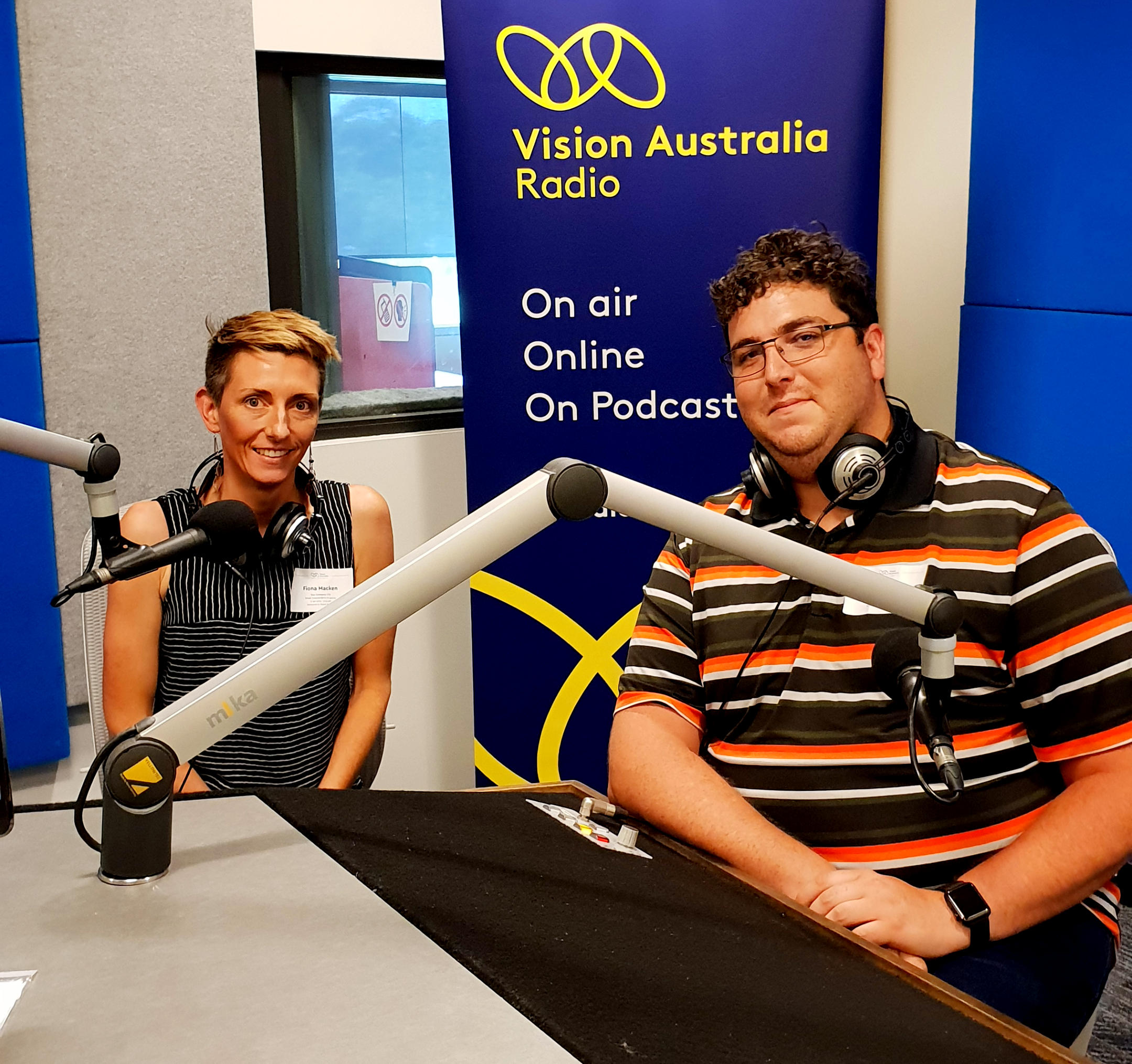 CFA employee Fiona Macken in the studios with Josh at Vision Australia Radio 
