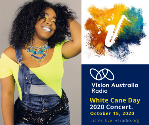 Photo of Shayy Winn with text: Vision Australia Radio logo. White Cane Day 2020 Concert October 15 2020