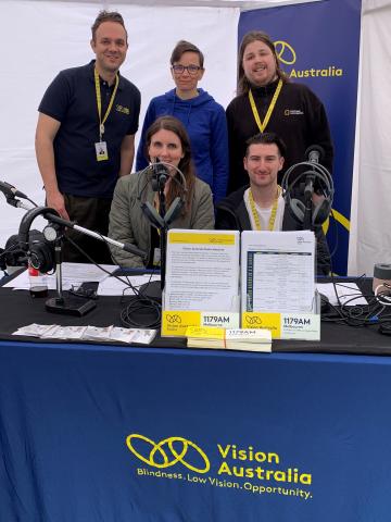Top left, Jason Gipps – Vision Australia National Audio Business Development Consultant, panel operator Judy Kelly, Sam Colley - then career start graduate. Seated – Vision Sports team